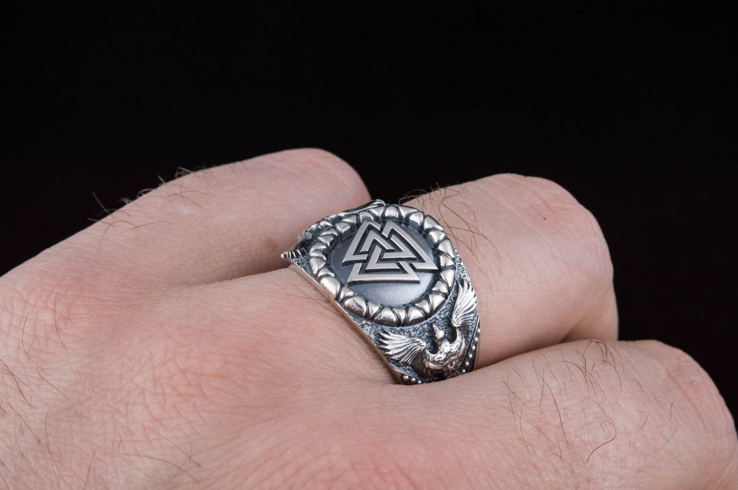 vkngjewelry Ring Handcrafted Valknut Symbol Raven Style Sterling Silver Ring