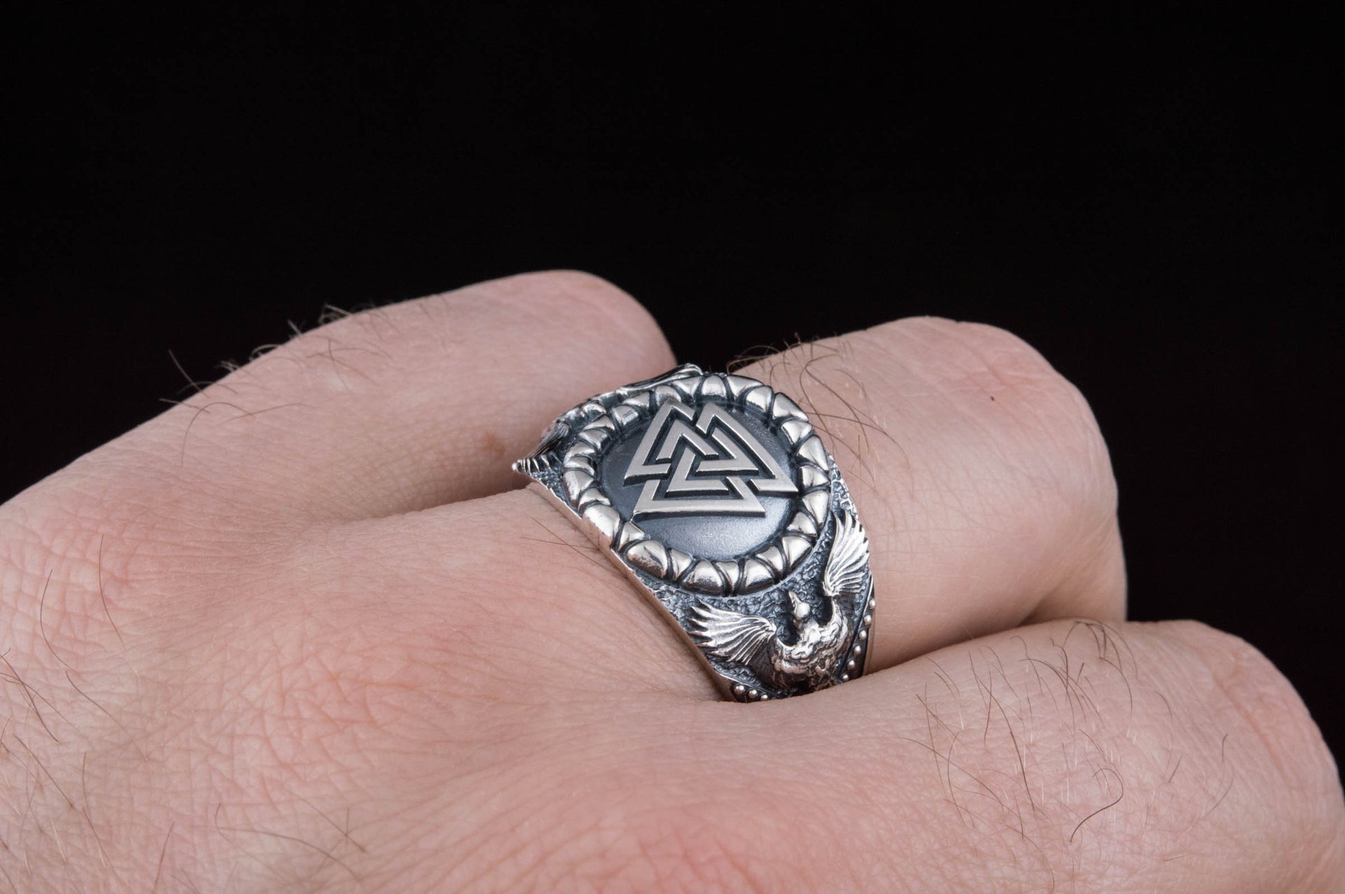 vkngjewelry Ring Handcrafted Valknut Symbol Raven Style Sterling Silver Ring