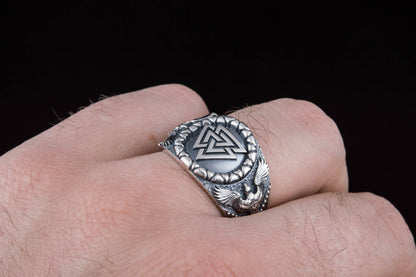 vkngjewelry Ring Handcrafted Valknut Symbol Raven Style Sterling Silver Ring