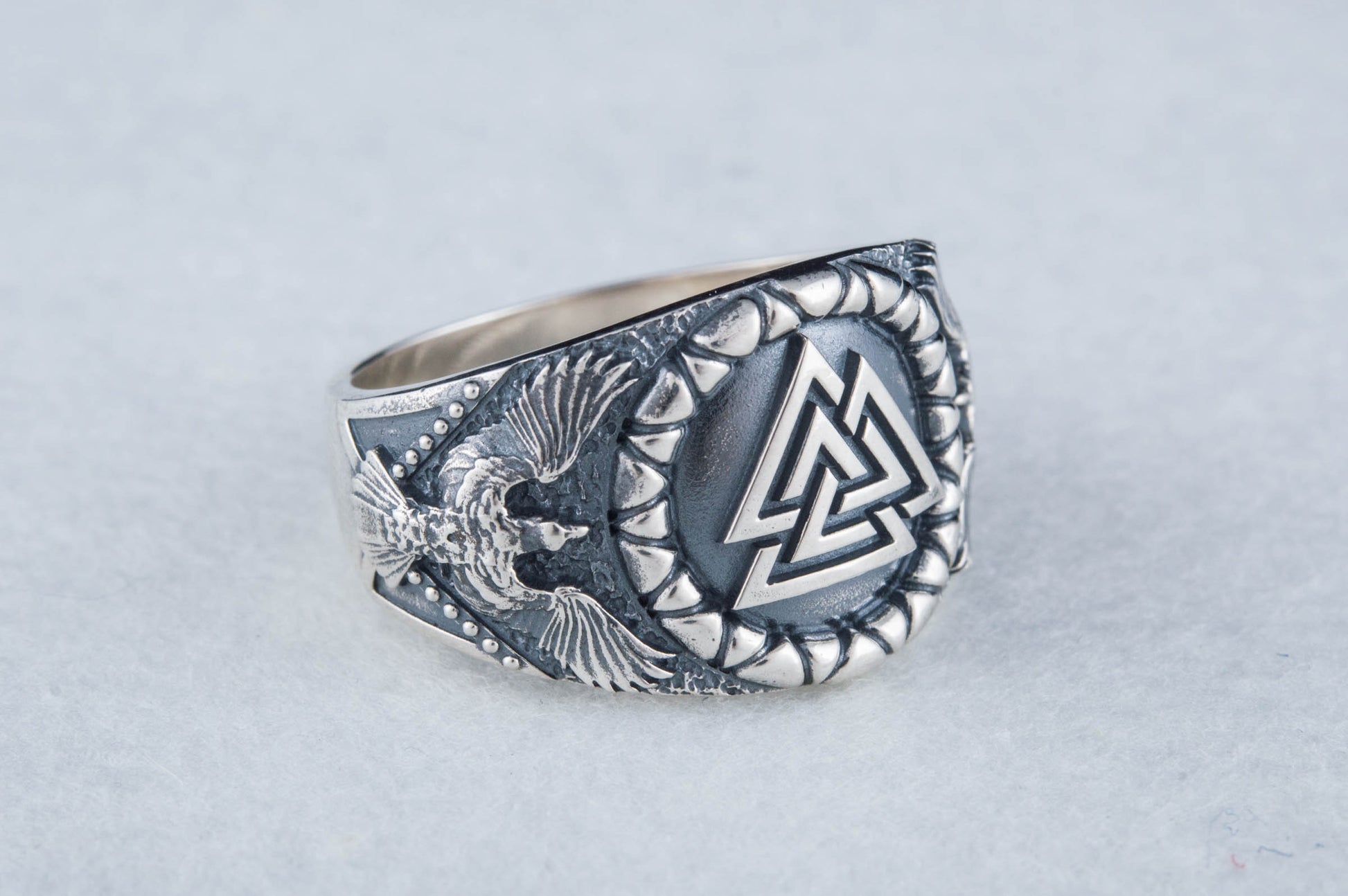 vkngjewelry Ring Handcrafted Valknut Symbol Raven Style Sterling Silver Ring