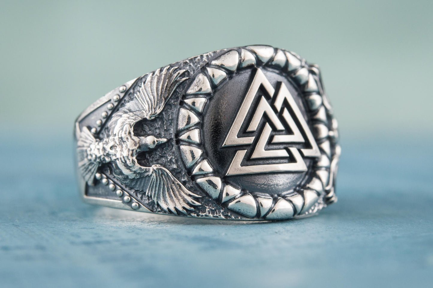 vkngjewelry Ring Handcrafted Valknut Symbol Raven Style Sterling Silver Ring