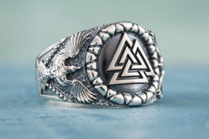 vkngjewelry Ring Handcrafted Valknut Symbol Raven Style Sterling Silver Ring