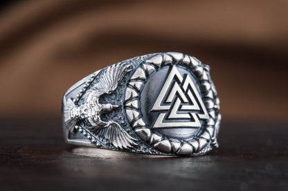 vkngjewelry Ring Handcrafted Valknut Symbol Raven Style Sterling Silver Ring