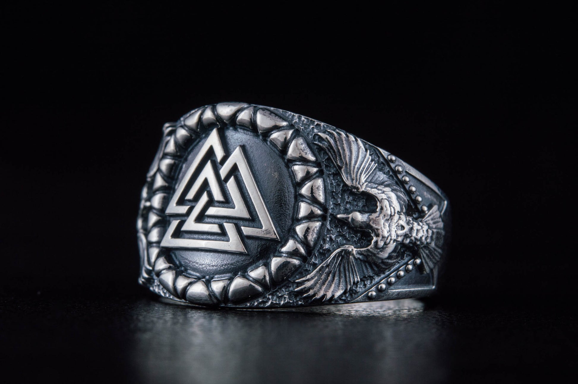 vkngjewelry Ring Handcrafted Valknut Symbol Raven Style Sterling Silver Ring