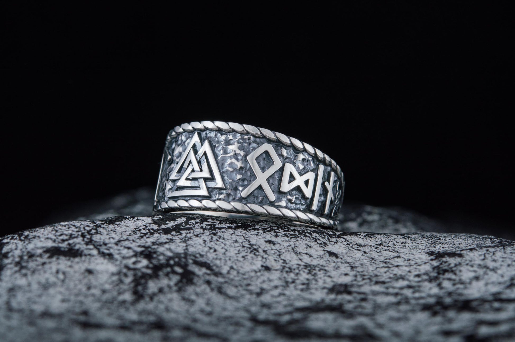 vkngjewelry Ring Handcrafted Valknut Symbol With HAIL ODIN Runes Sterling Silver Ring