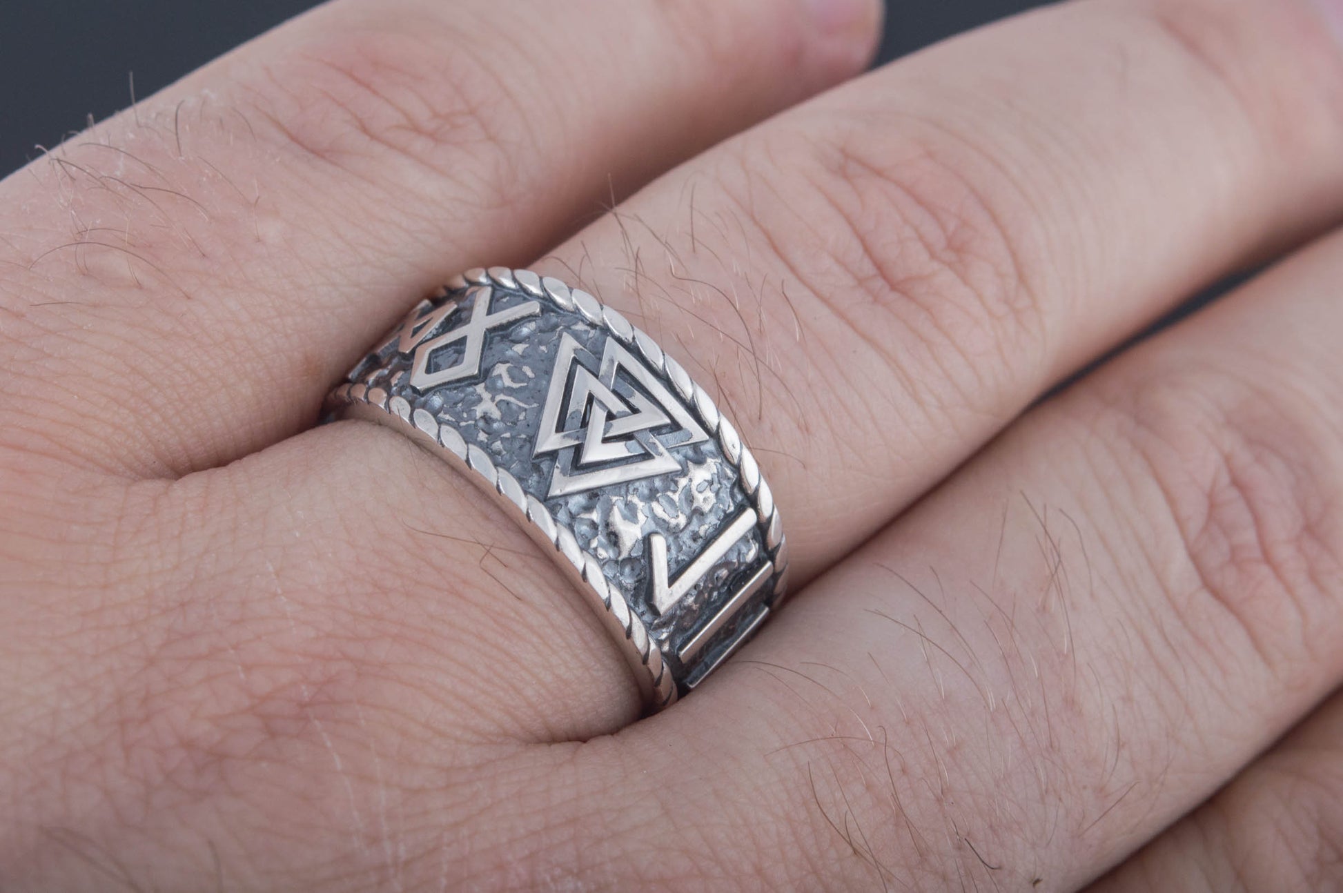 vkngjewelry Ring Handcrafted Valknut Symbol With HAIL ODIN Runes Sterling Silver Ring