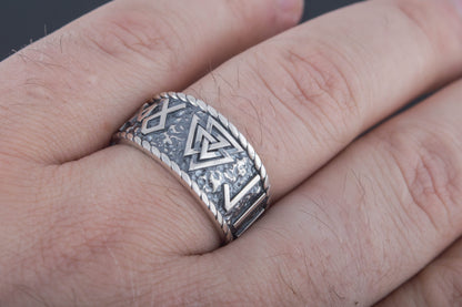 vkngjewelry Ring Handcrafted Valknut Symbol With HAIL ODIN Runes Sterling Silver Ring