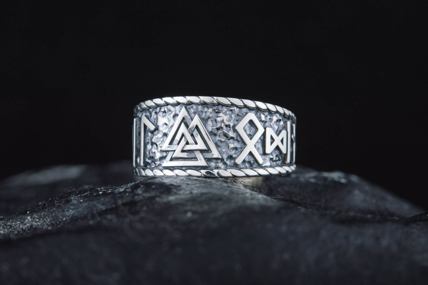 vkngjewelry Ring Handcrafted Valknut Symbol With HAIL ODIN Runes Sterling Silver Ring