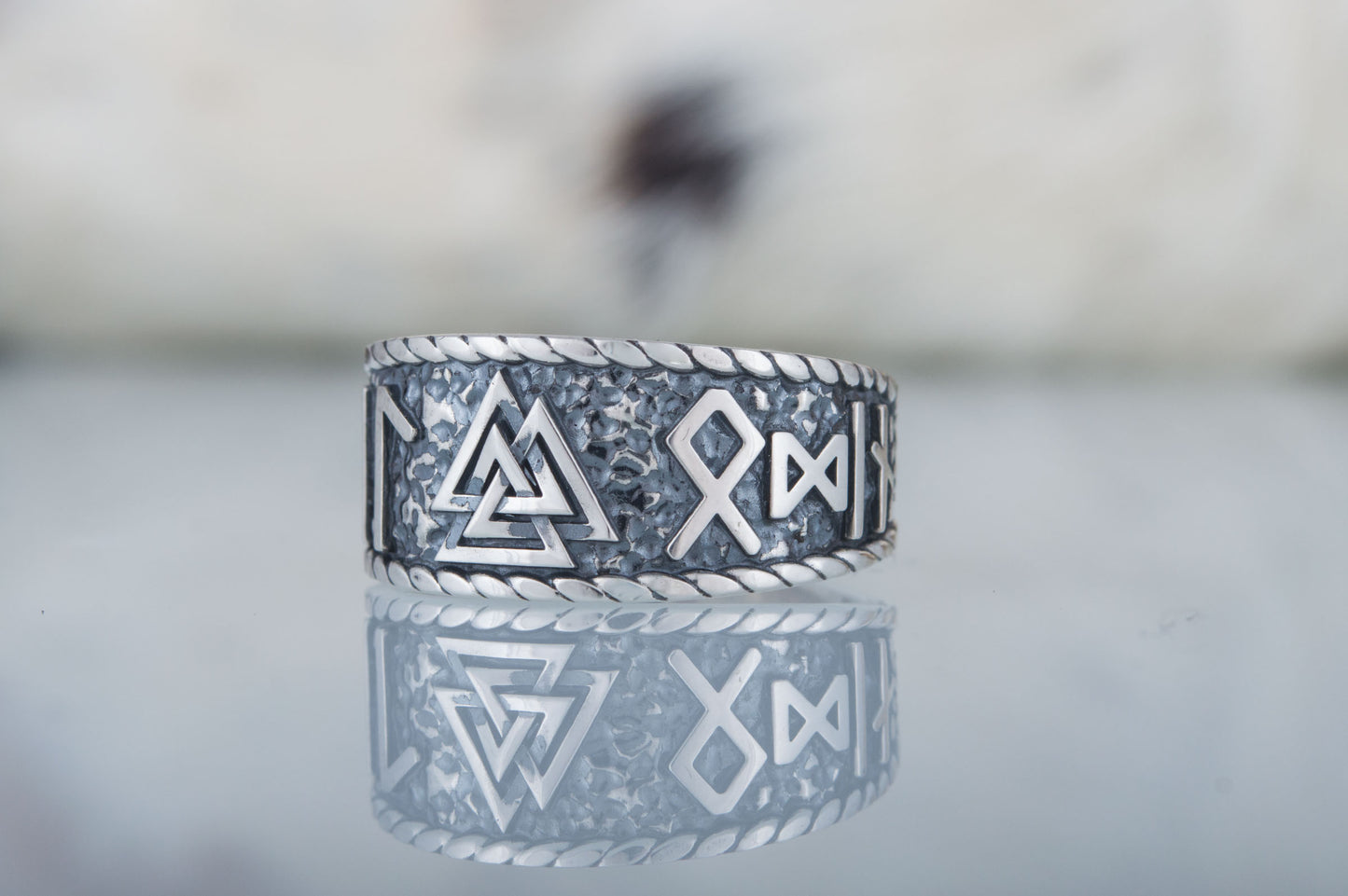 vkngjewelry Ring Handcrafted Valknut Symbol With HAIL ODIN Runes Sterling Silver Ring