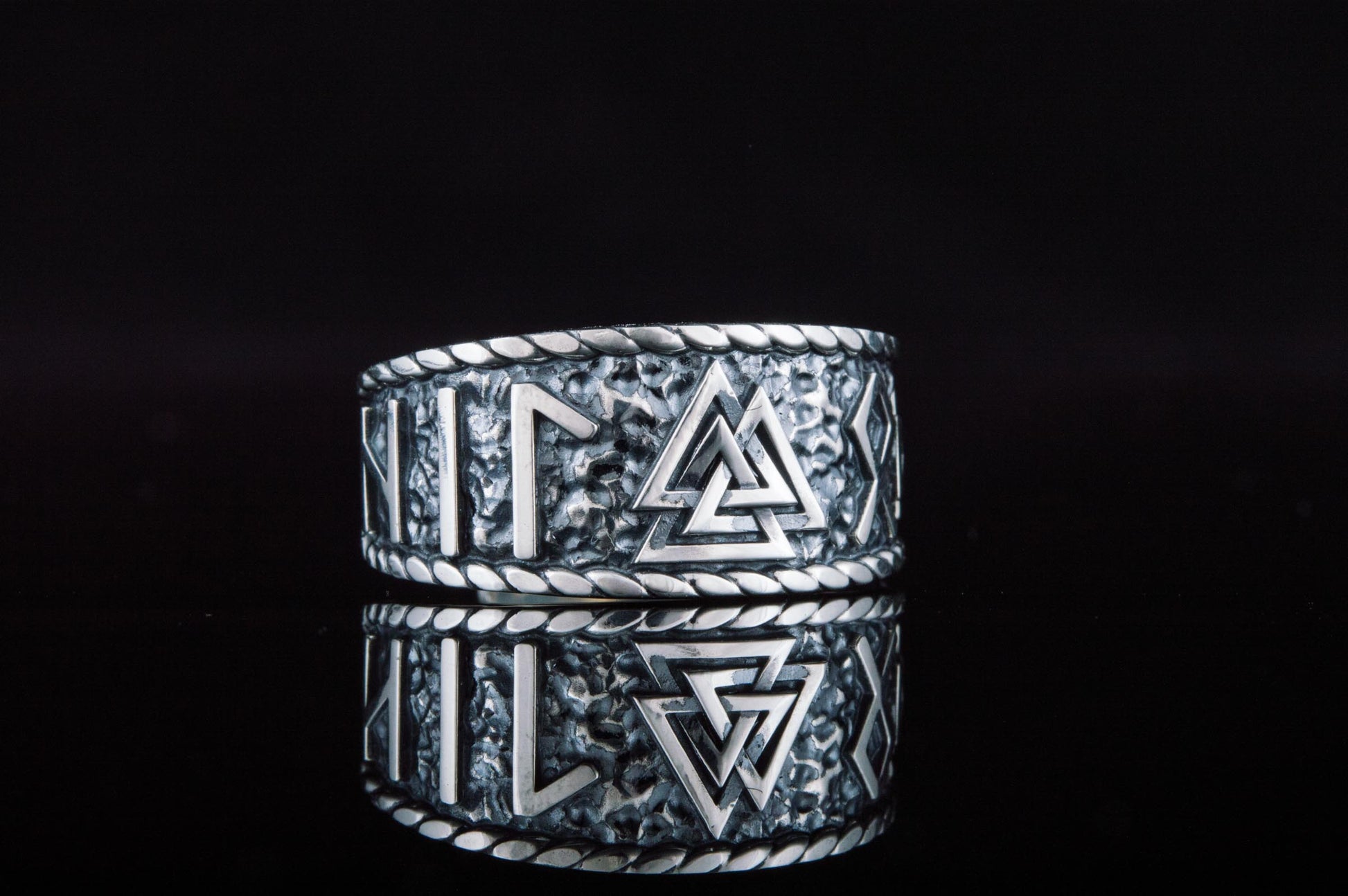 vkngjewelry Ring Handcrafted Valknut Symbol With HAIL ODIN Runes Sterling Silver Ring