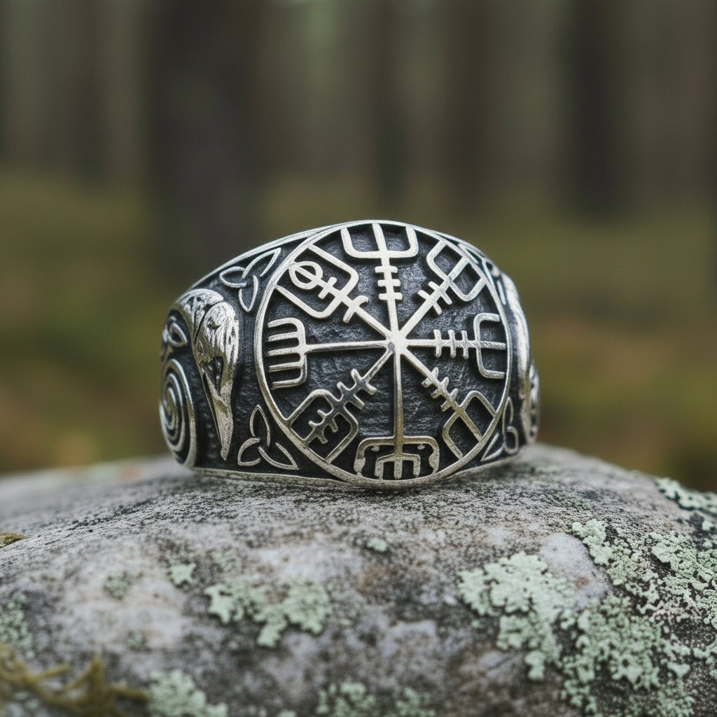 vkngjewelry Ring Handcrafted Vegvisir Ancient Ravens Sides Sterling Silver Ring