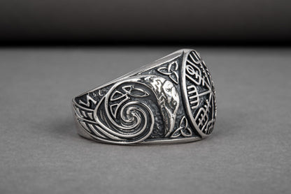 vkngjewelry Ring Handcrafted Vegvisir Ancient Ravens Sides Sterling Silver Ring