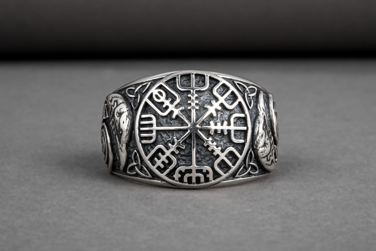 vkngjewelry Ring Handcrafted Vegvisir Ancient Ravens Sides Sterling Silver Ring