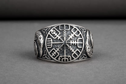 vkngjewelry Ring Handcrafted Vegvisir Ancient Ravens Sides Sterling Silver Ring