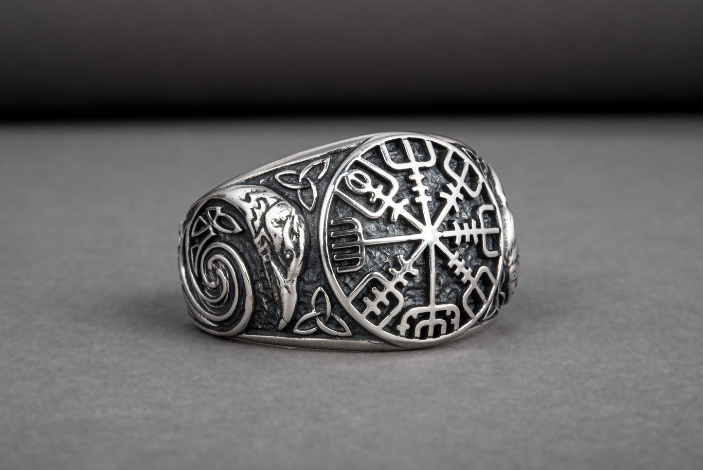vkngjewelry Ring Handcrafted Vegvisir Ancient Ravens Sides Sterling Silver Ring