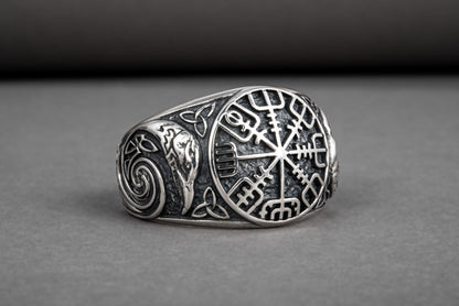 vkngjewelry Ring Handcrafted Vegvisir Ancient Ravens Sides Sterling Silver Ring
