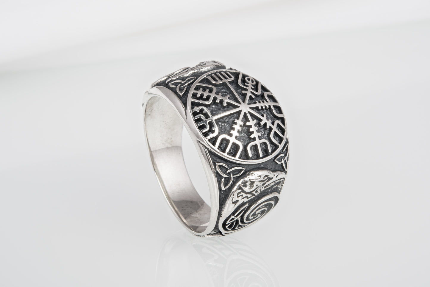 vkngjewelry Ring Handcrafted Vegvisir Ancient Ravens Sides Sterling Silver Ring