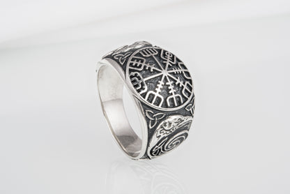 vkngjewelry Ring Handcrafted Vegvisir Ancient Ravens Sides Sterling Silver Ring