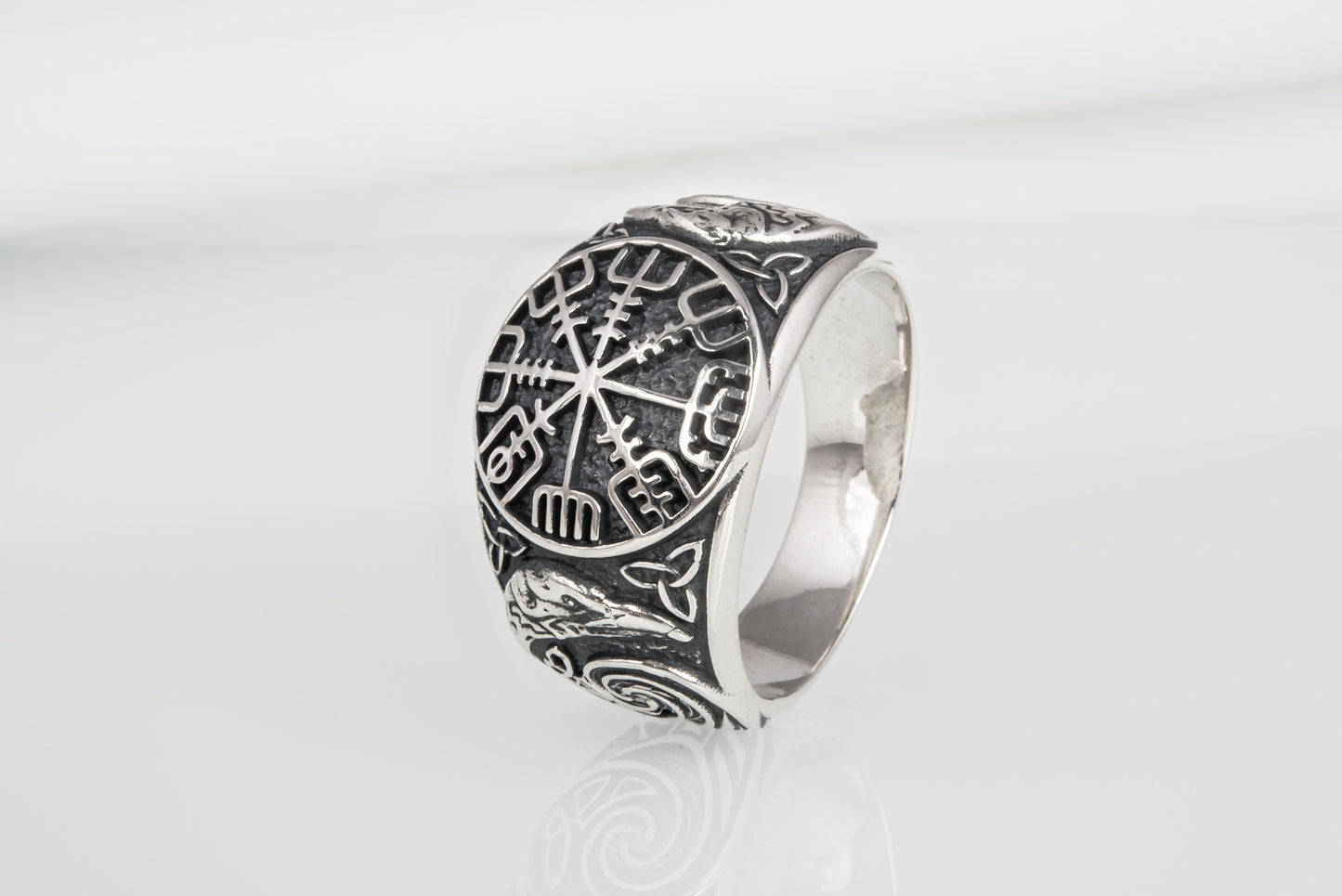 vkngjewelry Ring Handcrafted Vegvisir Ancient Ravens Sides Sterling Silver Ring