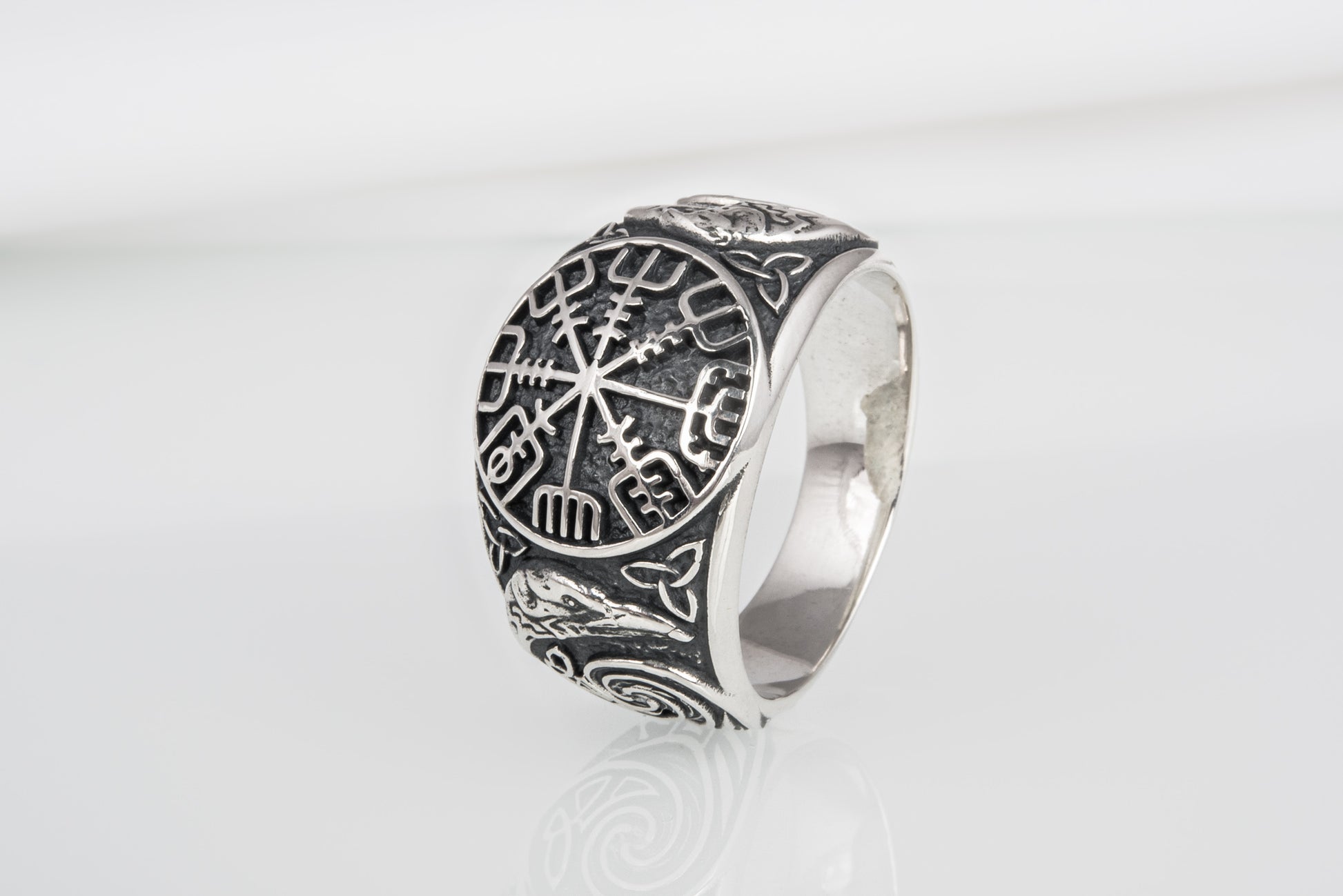 vkngjewelry Ring Handcrafted Vegvisir Ancient Ravens Sides Sterling Silver Ring