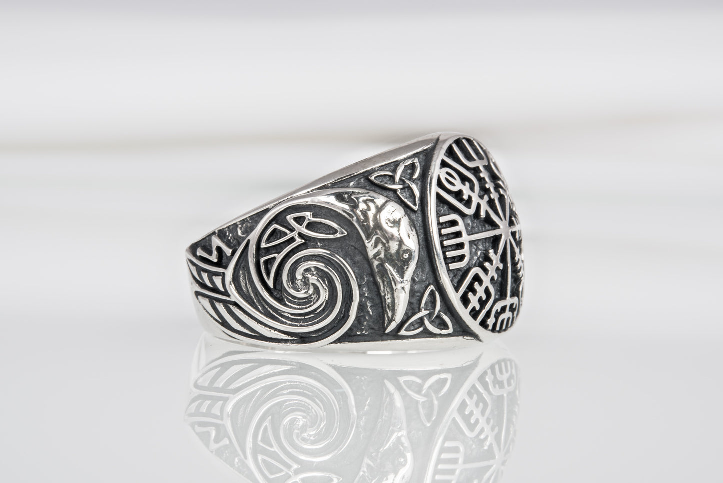 vkngjewelry Ring Handcrafted Vegvisir Ancient Ravens Sides Sterling Silver Ring