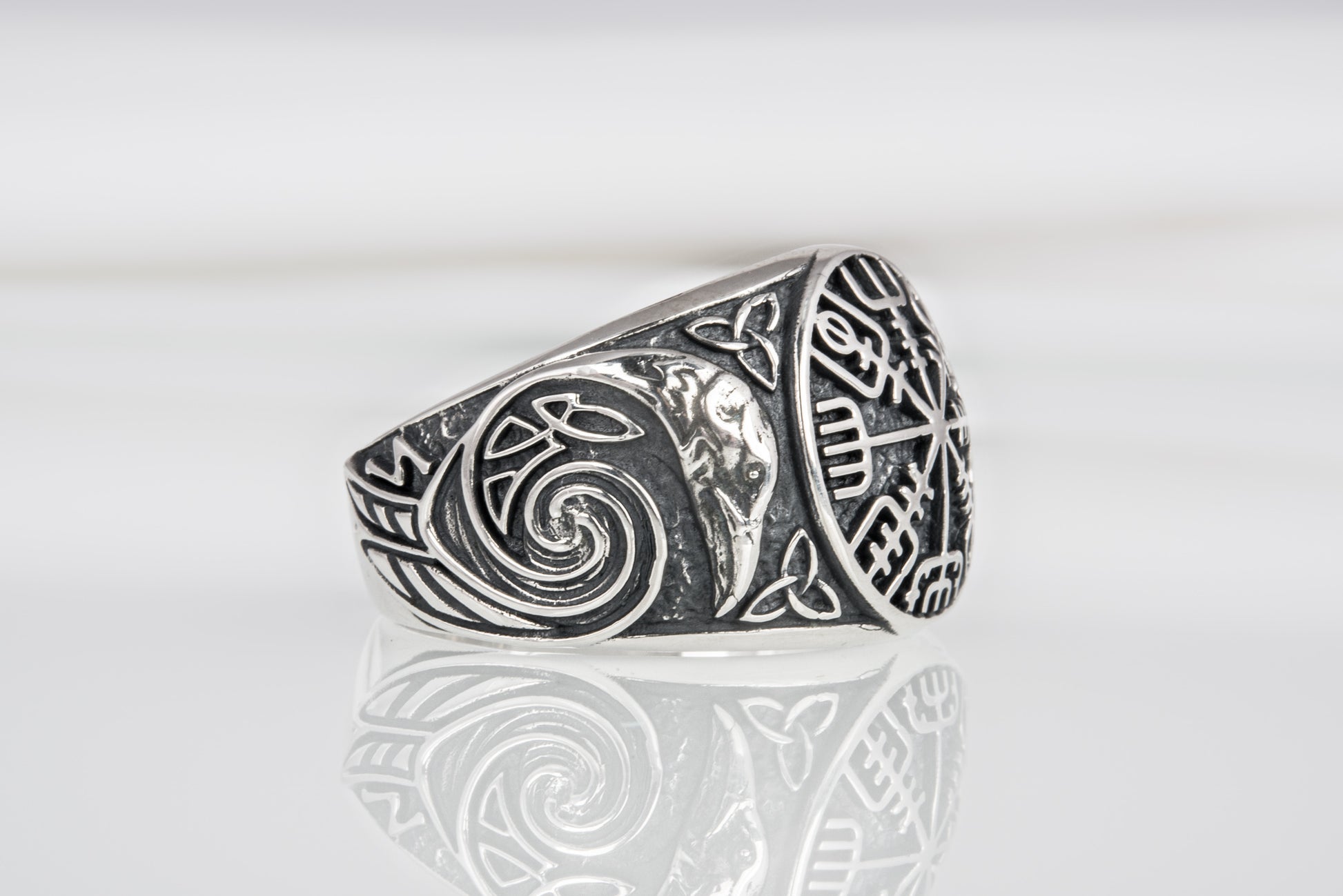 vkngjewelry Ring Handcrafted Vegvisir Ancient Ravens Sides Sterling Silver Ring