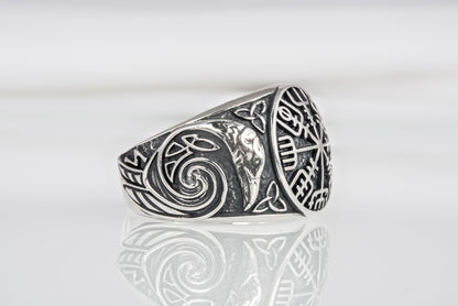 vkngjewelry Ring Handcrafted Vegvisir Ancient Ravens Sides Sterling Silver Ring