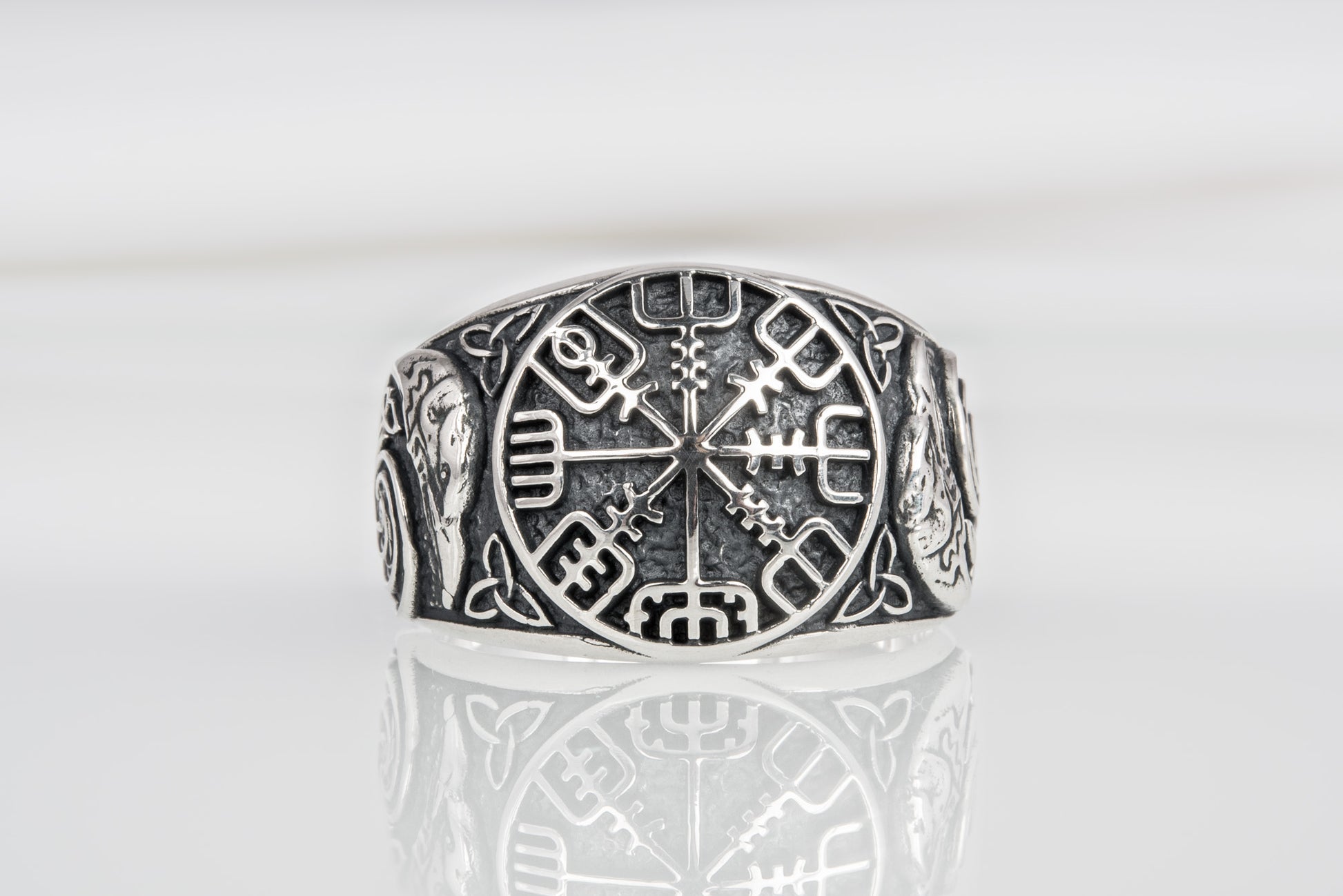 vkngjewelry Ring Handcrafted Vegvisir Ancient Ravens Sides Sterling Silver Ring