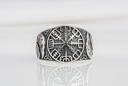 vkngjewelry Ring Handcrafted Vegvisir Ancient Ravens Sides Sterling Silver Ring