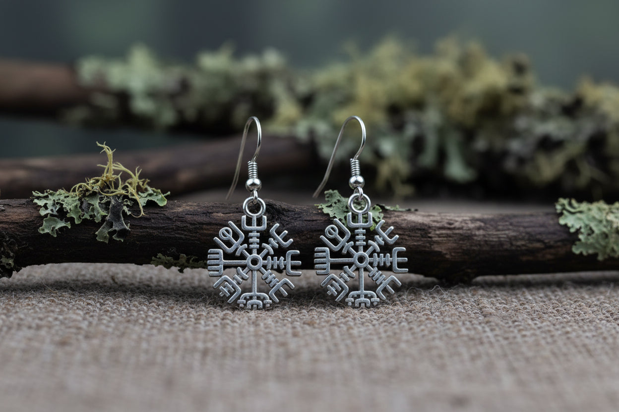vkngjewelry Earrings Vegvisir Compass Earrings, Silver Runic Wayfinder