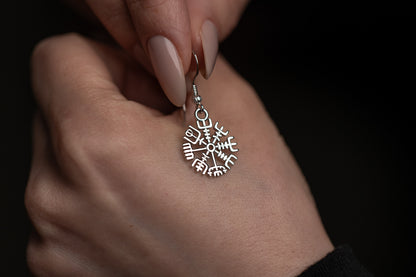 vkngjewelry Earrings Vegvisir Compass Earrings, Silver Runic Wayfinder
