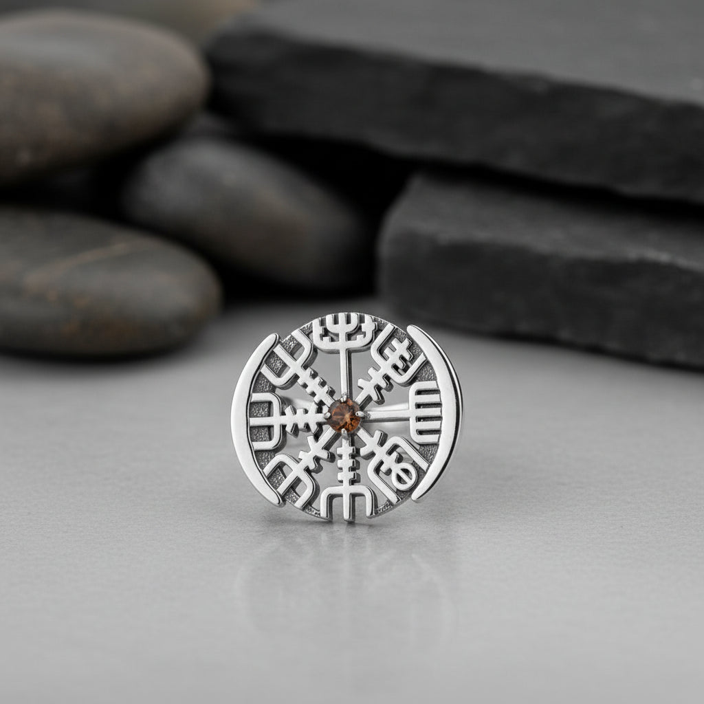 vkngjewelry Ring Vegvisir Silver Ring with Brown CZ