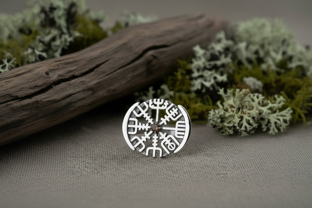 vkngjewelry Ring Vegvisir Silver Ring with Brown CZ