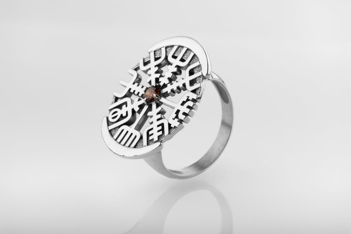 vkngjewelry Ring Vegvisir Silver Ring with Brown CZ