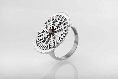 vkngjewelry Ring Vegvisir Silver Ring with Brown CZ