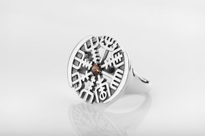 vkngjewelry Ring Vegvisir Silver Ring with Brown CZ
