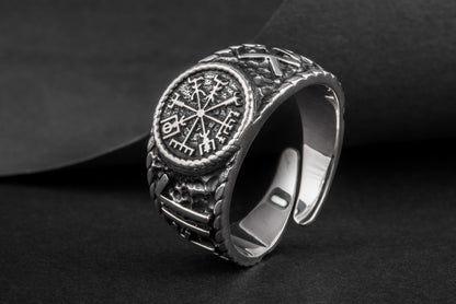 vkngjewelry Ring Handcrafted Vegvisir Symbol Hail Odin Runes Sterling Silver Ring