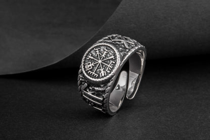 vkngjewelry Ring Handcrafted Vegvisir Symbol Hail Odin Runes Sterling Silver Ring