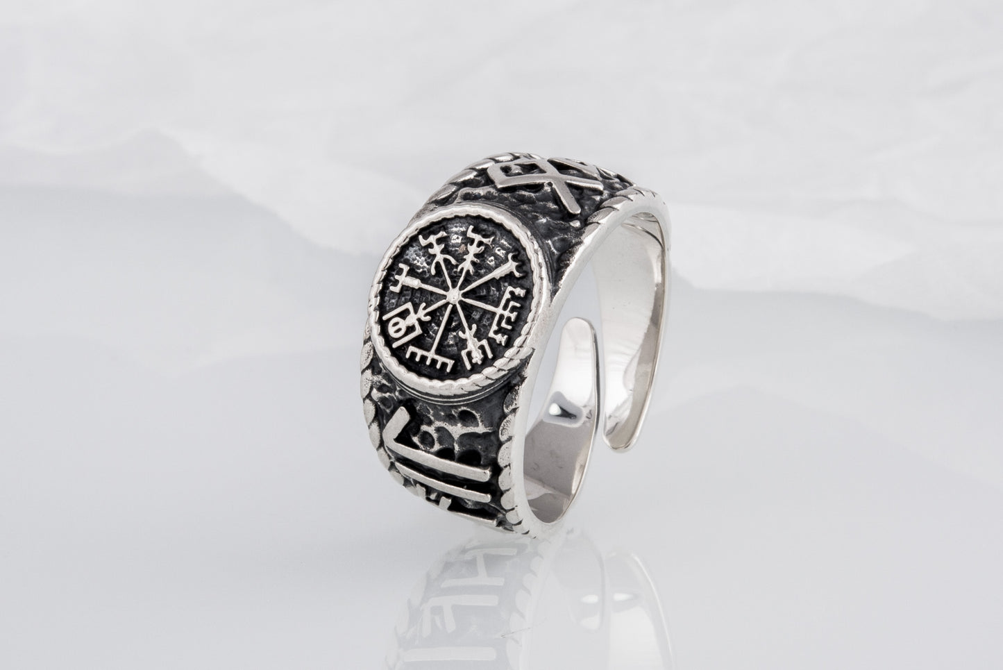 vkngjewelry Ring Handcrafted Vegvisir Symbol Hail Odin Runes Sterling Silver Ring