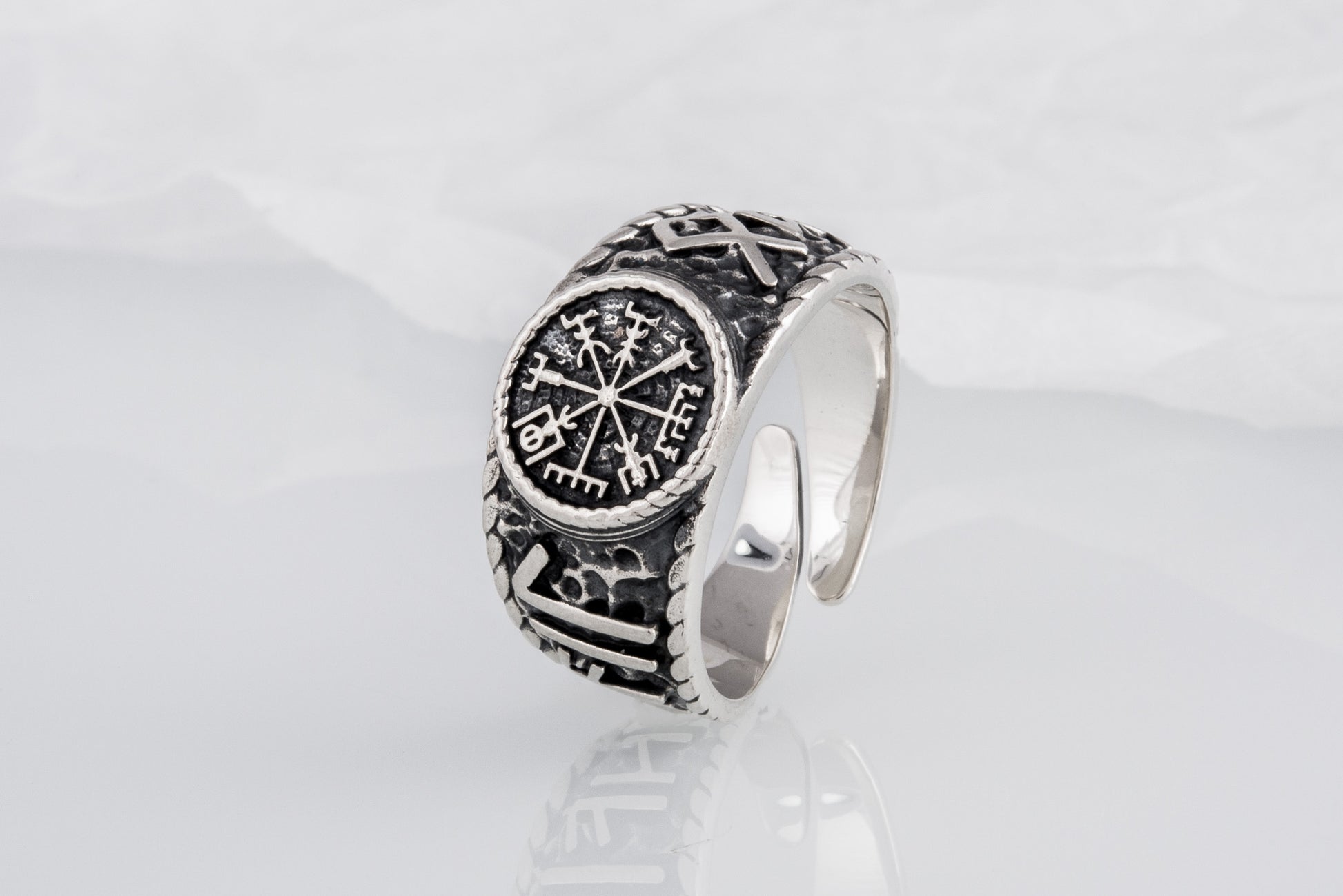 vkngjewelry Ring Handcrafted Vegvisir Symbol Hail Odin Runes Sterling Silver Ring