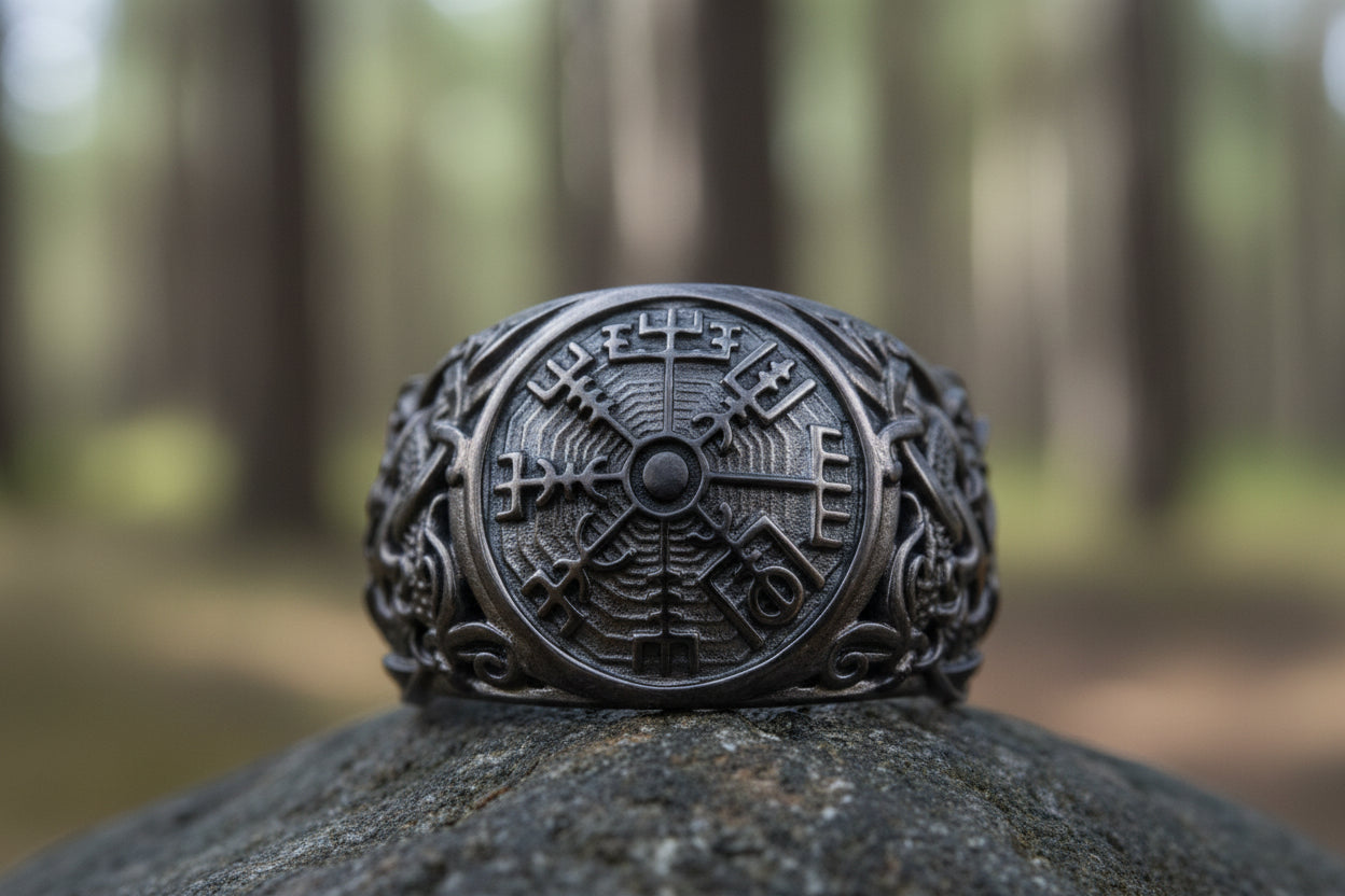 vkngjewelry Ring Handcrafted Vegvisir Symbol Mammen Style Ruthenium Ring
