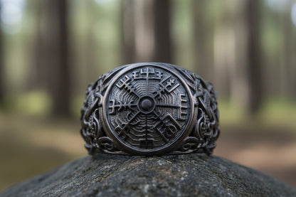 vkngjewelry Ring Handcrafted Vegvisir Symbol Mammen Style Ruthenium Ring