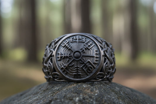 vkngjewelry Ring Handcrafted Vegvisir Symbol Mammen Style Ruthenium Ring