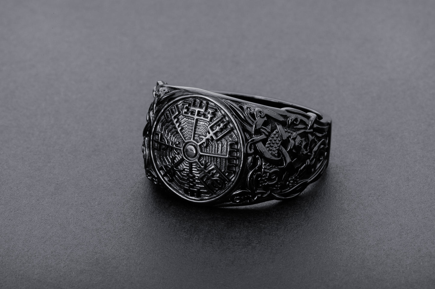 vkngjewelry Ring Handcrafted Vegvisir Symbol Mammen Style Ruthenium Ring