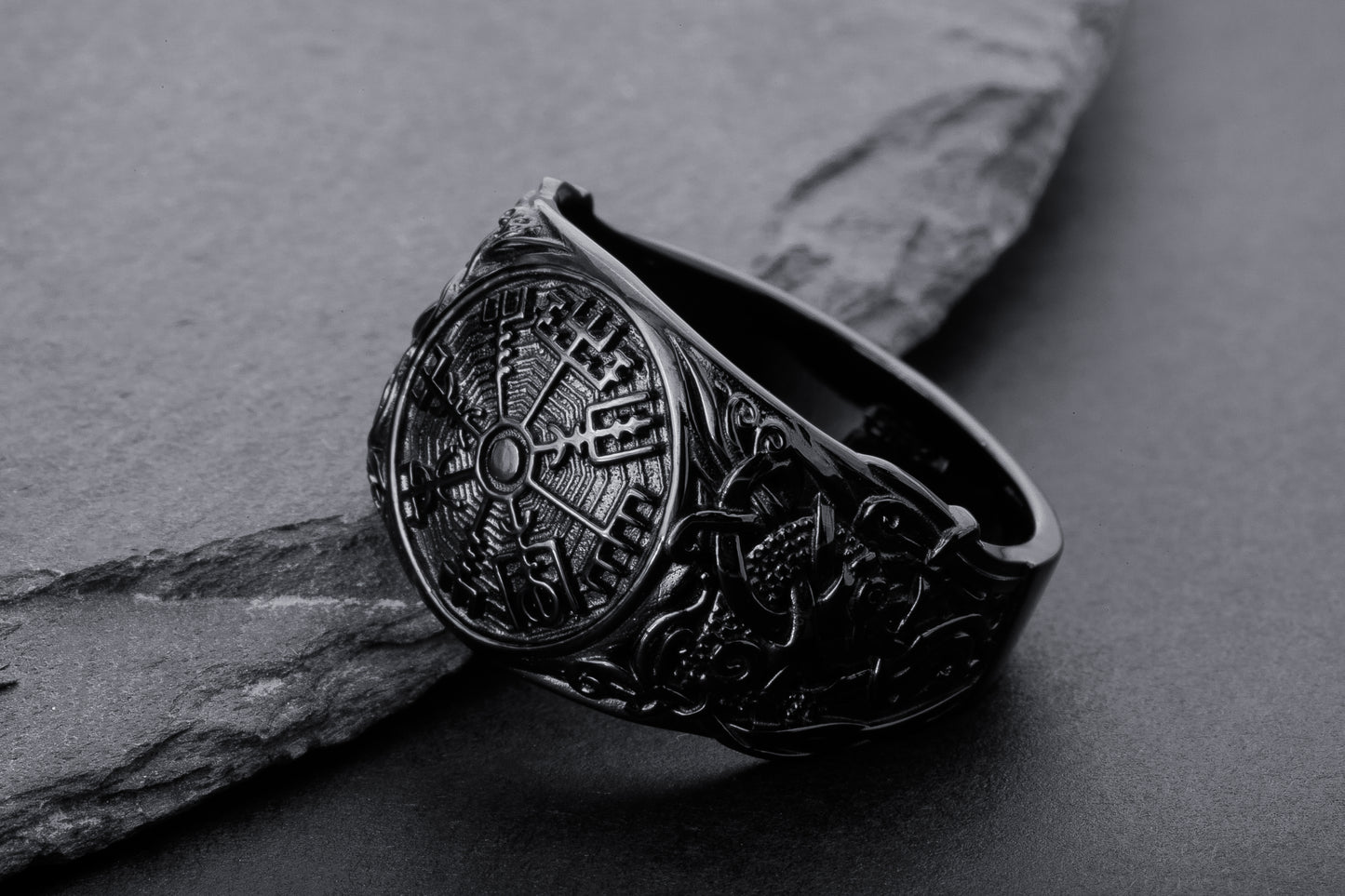 vkngjewelry Ring Handcrafted Vegvisir Symbol Mammen Style Ruthenium Ring