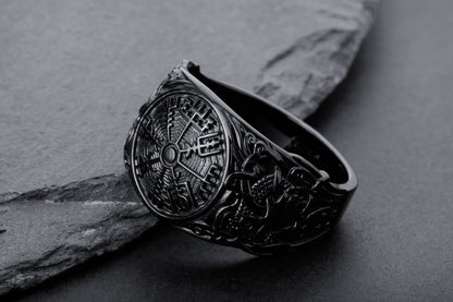 vkngjewelry Ring Handcrafted Vegvisir Symbol Mammen Style Ruthenium Ring