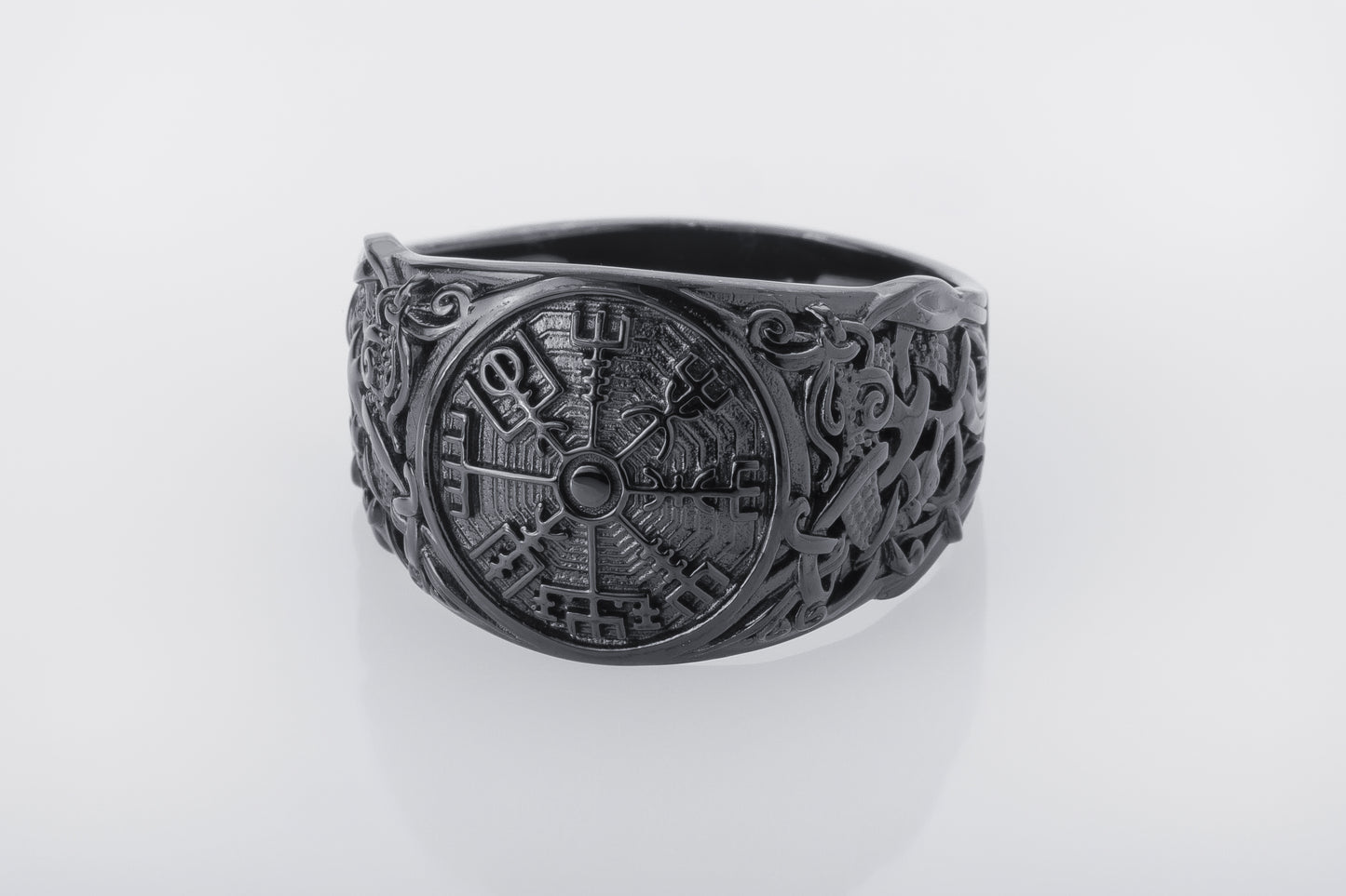 vkngjewelry Ring Handcrafted Vegvisir Symbol Mammen Style Ruthenium Ring