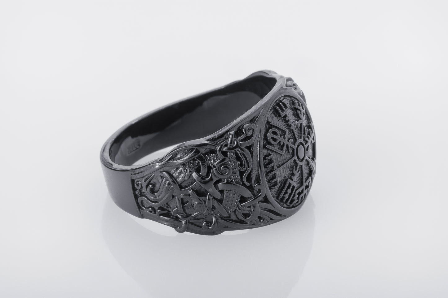 vkngjewelry Ring Handcrafted Vegvisir Symbol Mammen Style Ruthenium Ring