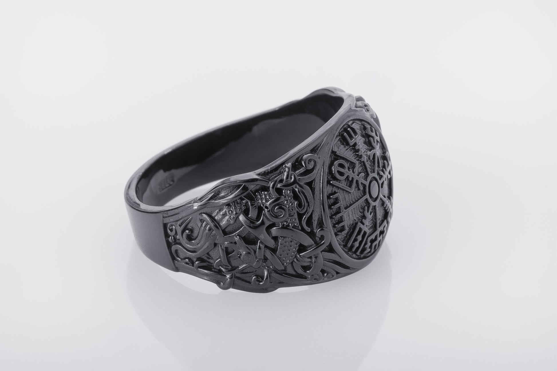 vkngjewelry Ring Handcrafted Vegvisir Symbol Mammen Style Ruthenium Ring