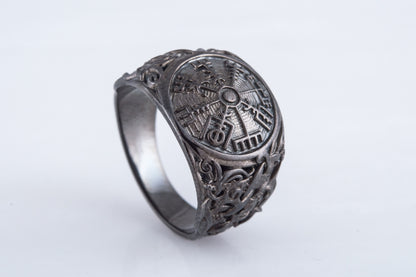 vkngjewelry Ring Handcrafted Vegvisir Symbol Mammen Style Ruthenium Ring
